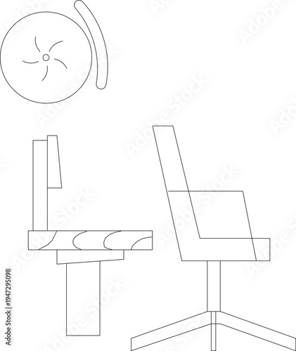 Technical architectural furniture blocks showing a swivel chair in multiple orthographic views including plan, elevation and perspective with pedestal tripod base.