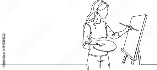 continuous line drawing of woman holding palette painting on canvas with brush, line art vector illustration