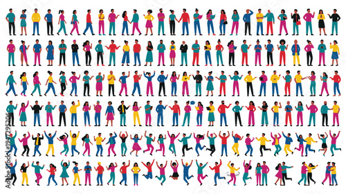 Large collection of diverse happy people in various poses and situations