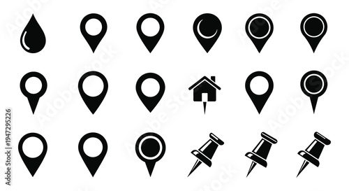 A collection of black location pins droplets and thumbtacks displayed on a white background silhouette high quality professional detailed modern elegant