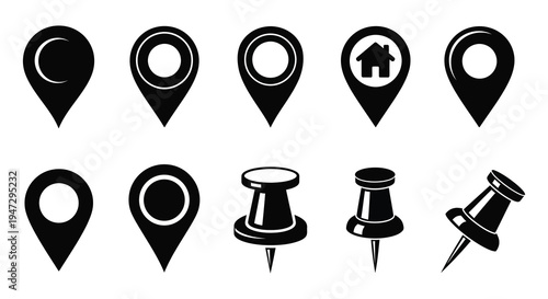 A collection of black location pin and pushpin icons displayed in a simple graphic style silhouette high quality professional detailed modern