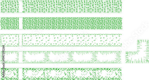 Technical landscape architectural symbols showing various vegetation patterns including dense plantings, ground cover, grass textures and scattered shrubbery in green line work for site plans.
