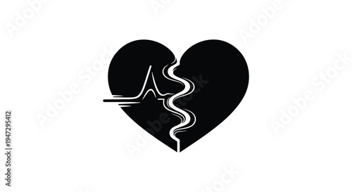 A black heart shape is broken with a white electrocardiogram line running through the crack silhouette high quality professional detailed modern
