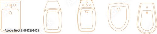 Technical architectural furniture blocks showing various toilet and bidet fixtures in plan view with different styles including wall-mounted and floor-standing units.