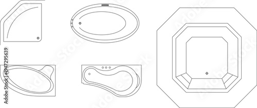 Technical architectural furniture blocks showing various bathtub and spa designs including corner, oval, organic curves and octagonal jacuzzi units in 2D plan view.