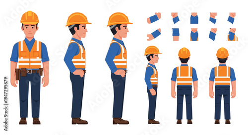 Construction worker character design sheet featuring multiple poses and individual parts presented as a silhouette high quality professional detailed modern elegant