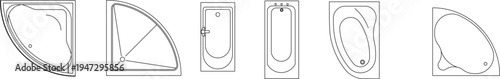 Technical architectural furniture blocks showing various bathtub designs in plan view including angular, rectangular, curved and organic shapes for bathroom layout planning.