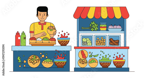 A cheerful vendor stands behind a colorful food stall offering various tacos and toppings silhouette high quality professional detailed modern elegant