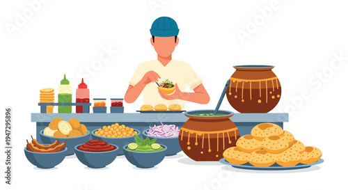 A street vendor prepares a flavorful snack carefully assembling ingredients in a bowl depicted as a silhouette high quality professional detailed
