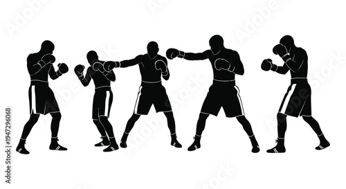 A series of boxing poses depicted in stark black showing dynamic movement and athletic form a silhouette high quality professional