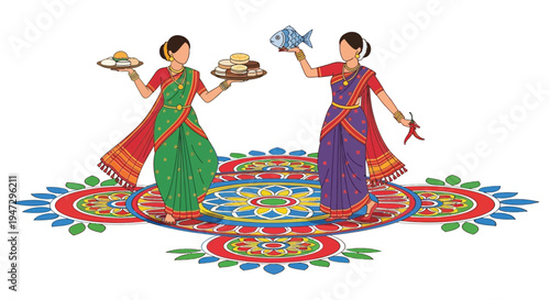 Two women in traditional indian attire present food offerings on trays resting upon a colorful rangoli silhouette high quality professional detailed