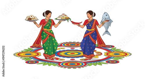 Two indian women in traditional saris present offerings of food including fish and bread silhouette high quality professional detailed modern elegant