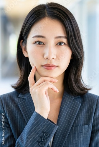 手を顎に添えて真剣な表情でカメラを見つめるスーツの女性