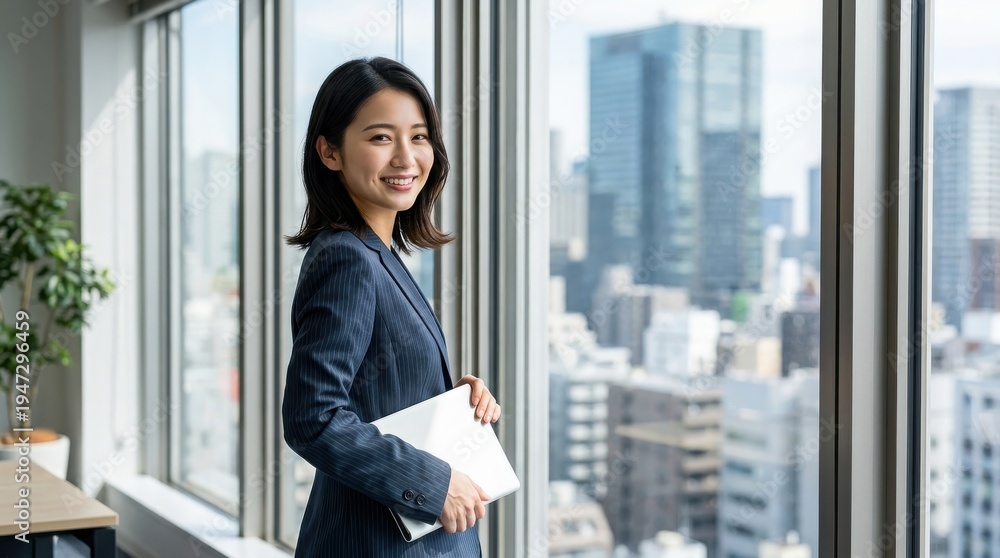 Fototapeta premium 高層オフィスの窓際でノートパソコンを抱え振り返る笑顔の女性