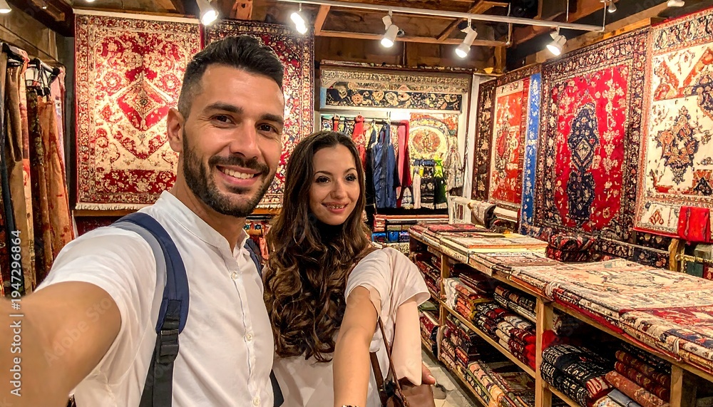 Fototapeta premium Couple takes selfie in rug store, surrounded by colorful carpets