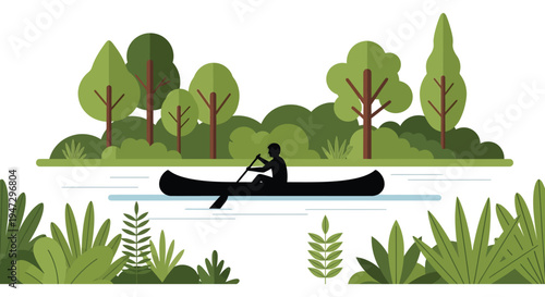 A lone canoeist paddles across a calm river surrounded by lush greenery and trees presented as a silhouette high quality professional