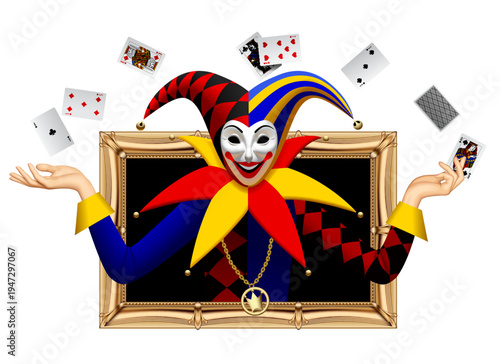 Joker in a motley suit and jester's cap in a classic golden frame juggles playing cards in his hands, isolated on white. Vector illustration in 3D style