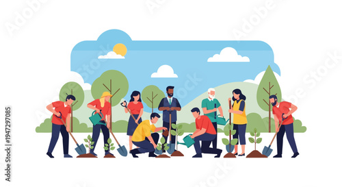A group of people collaboratively planting trees in a vibrant outdoor landscape depicted as a silhouette high quality professional detailed modern