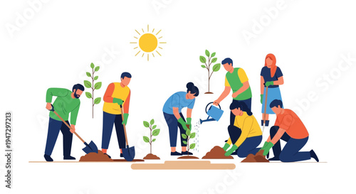 A group of people are collaboratively planting trees under a bright sun depicted in a flat vector silhouette high quality professional