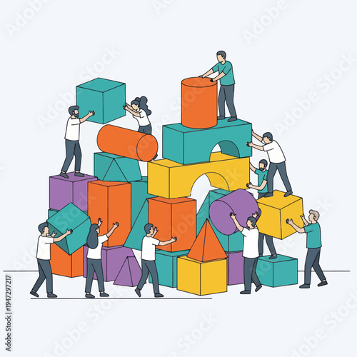 Teamwork and Collaboration - Building a Structure Together with Colorful Blocks.