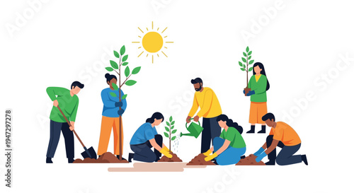 A group of people are planting trees and tending to young plants under a bright sun silhouette high quality professional detailed