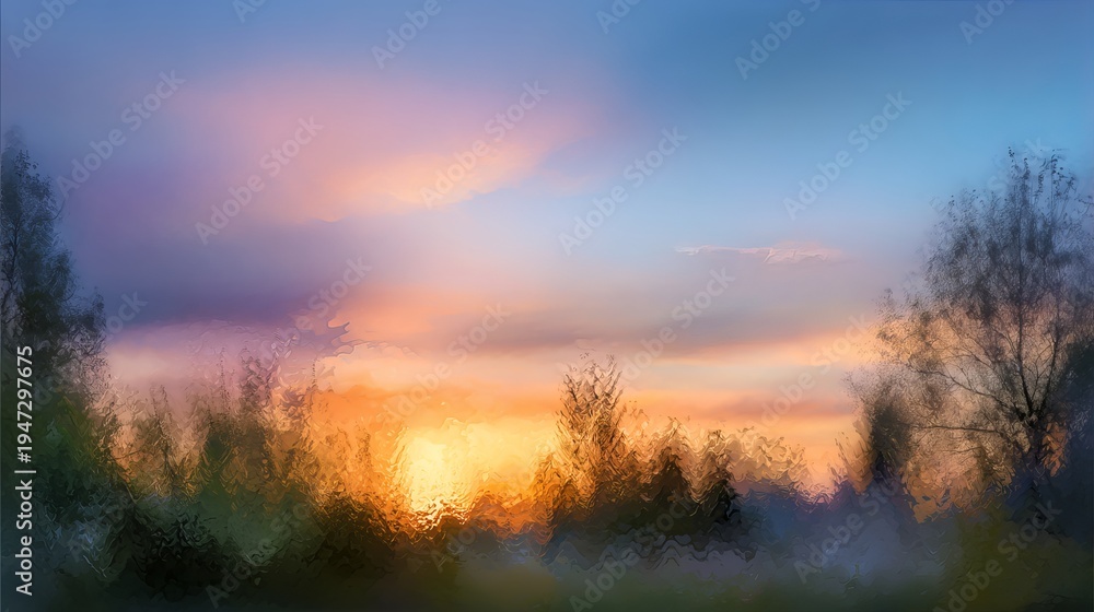 Fototapeta premium A serene landscape of trees silhouetted against a vibrant sunset with a misty atmosphere