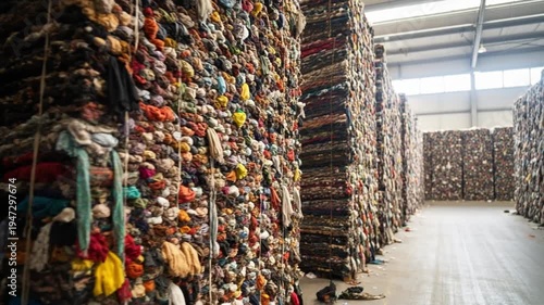 Stacks of compressed textile waste form colorful walls in large industrial warehouse interior footage