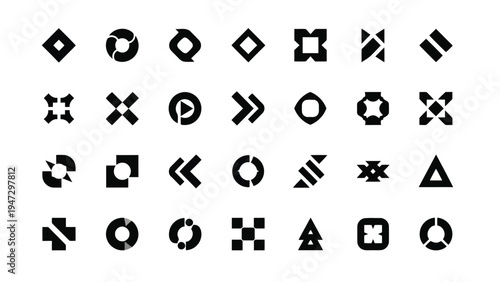 Geometric patterns featuring various shapes and symbols arranged in a grid format Vector