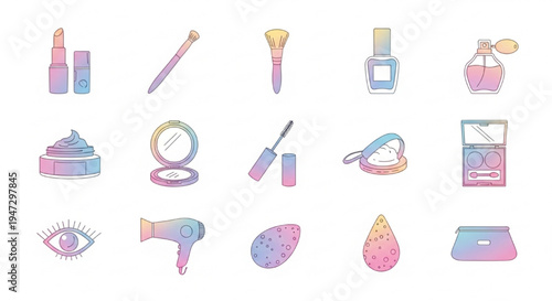 Set of makeup and beauty icons with a pastel gradient.