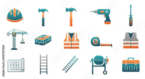 Construction and building tools icons with gradient colors.