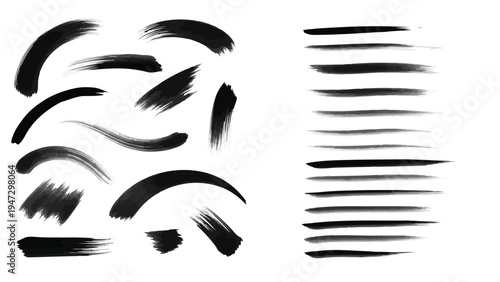 Abstract black ink silhouettes of birds in flight against a white background with linear patterns Vector