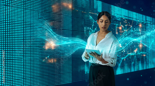 Woman analyzing data on tablet with digital analytics wave, Latin professional