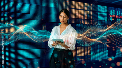 Latin business woman reviewing data on tablet with digital analytics wave