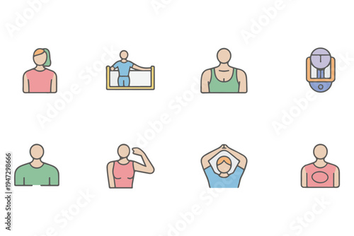 AI smart fitness routine icons set, AI workout planner, AI posture correction, AI exercise tracking, minimal flat vector icons