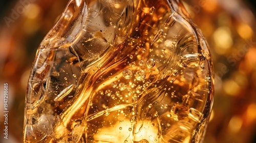 Captivating macro shot of rich golden amber whiskey with intricate ice textures and effervescent bubbles, creating a warm, inviting abstract background.