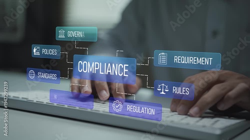 Business compliance management concept. Person typing keyboard with regulation and verification icons, risk control, legal compliance and corporate accountability.