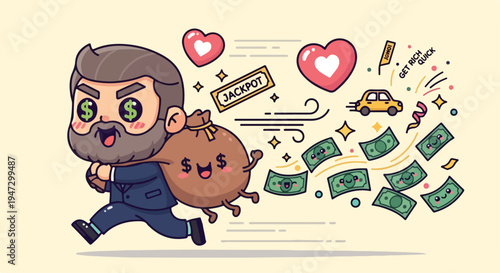 Cartoon illustration of a man running with a money bag surrounded by cash and symbols of love and wealth on a pale background.
