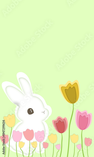 Easter Bunny with Spring Tulips Paper Cut Style Vector Illustration