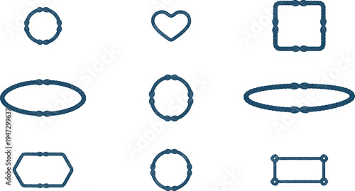 Nautical rope frames set, twisted marine cord borders, round oval square rectangle and heart ropework decorative elements, vintage maritime badges and labels isolated on transparent background