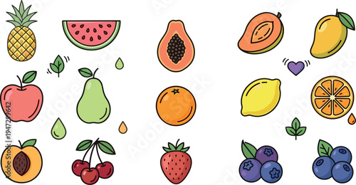 Hand drawn fruit icons set with pineapple watermelon papaya mango apple pear orange lemon strawberry blueberry cherry and peach, colorful healthy food doodle collection on transparent background