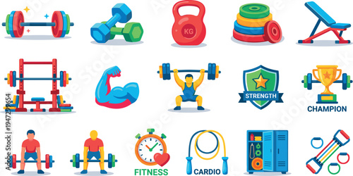 Fitness gym icons set with barbell dumbbell kettlebell weight plates bench athlete lifting stopwatch cardio rope locker trophy and strength shield symbols on transparent background