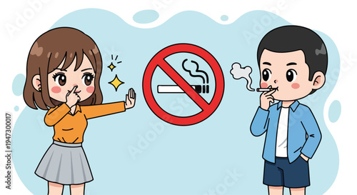 Cartoon illustration of a girl refusing a cigarette from a boy with a no-smoking sign between them on a light blue background.