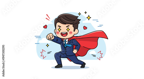 Cartoon illustration of a determined businessman wearing a red cape, running with a dynamic pose and energetic expressions, surrounded by motion lines and symbols on a light blue background.