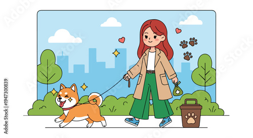 A young woman walking an orange dog on a leash with a city skyline in the background and a bag by her side on a sidewalk.