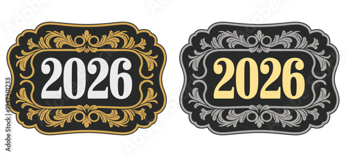 2026 New Year Cowboy Belt Buckle Gold and Silver Western Badge Vintage Rodeo Sheriff Star Engraved Metal Emblem Frontier Classic Rustic Decorative Vector Illustration