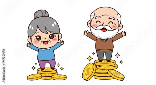 Cartoon illustration of a senior man and woman standing on stacks of gold coins with arms outstretched in a celebratory pose against a plain white background with a joyful mood.
