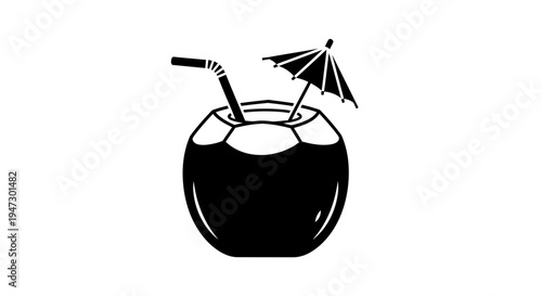 A refreshing coconut drink with a straw and umbrella, perfect for a tropical vacation