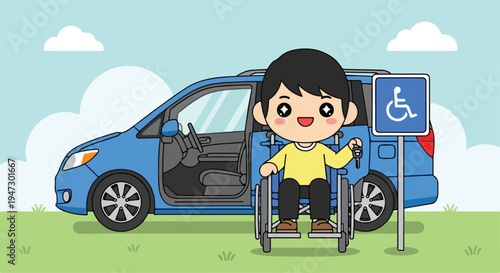 Cartoon illustration of a young boy with a disability standing with crutches beside a blue van and a handicap parking sign on green grass against a light blue sky with white clouds.