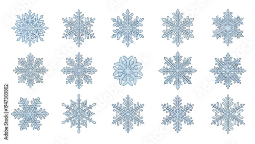 Intricate geometric snowflakes displayed in a symmetrical grid pattern for visual study Vector