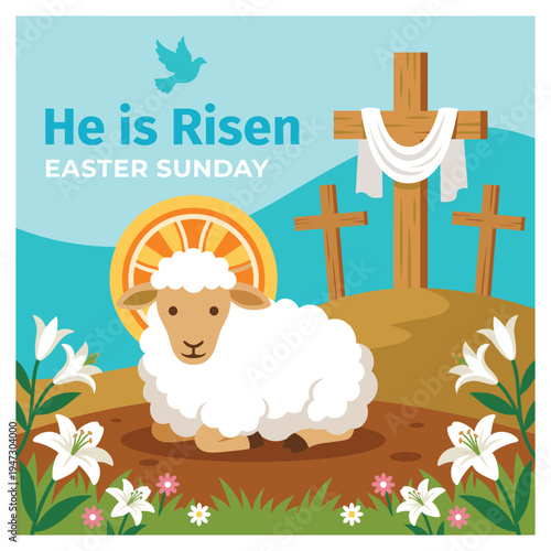 He is risen religious illustration with lamb and crosses on hill side